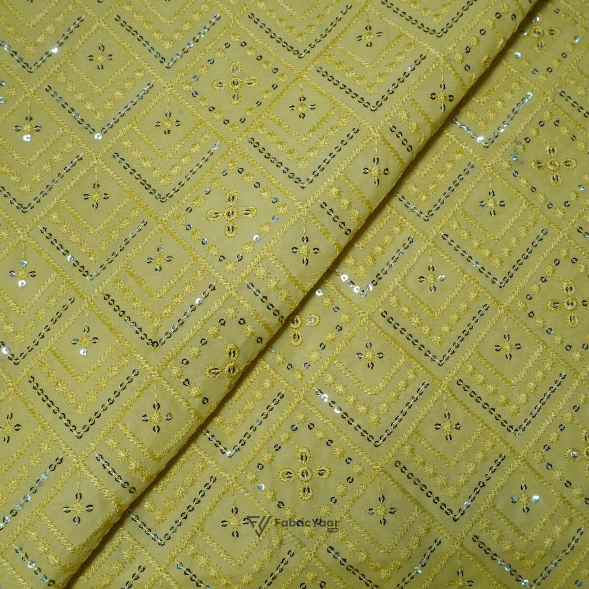 Georgette Golden Sequins Work Favourite Yellow Kurta Fabric (Width 38 Inch)