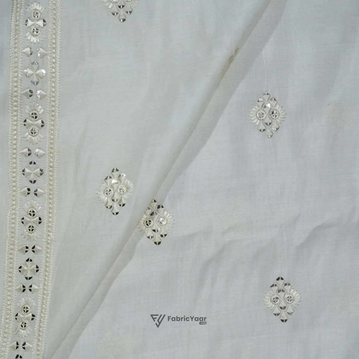 Malai Silk Buta Sequins Work Creamish White Kurta Fabric (Width 58 Inch)