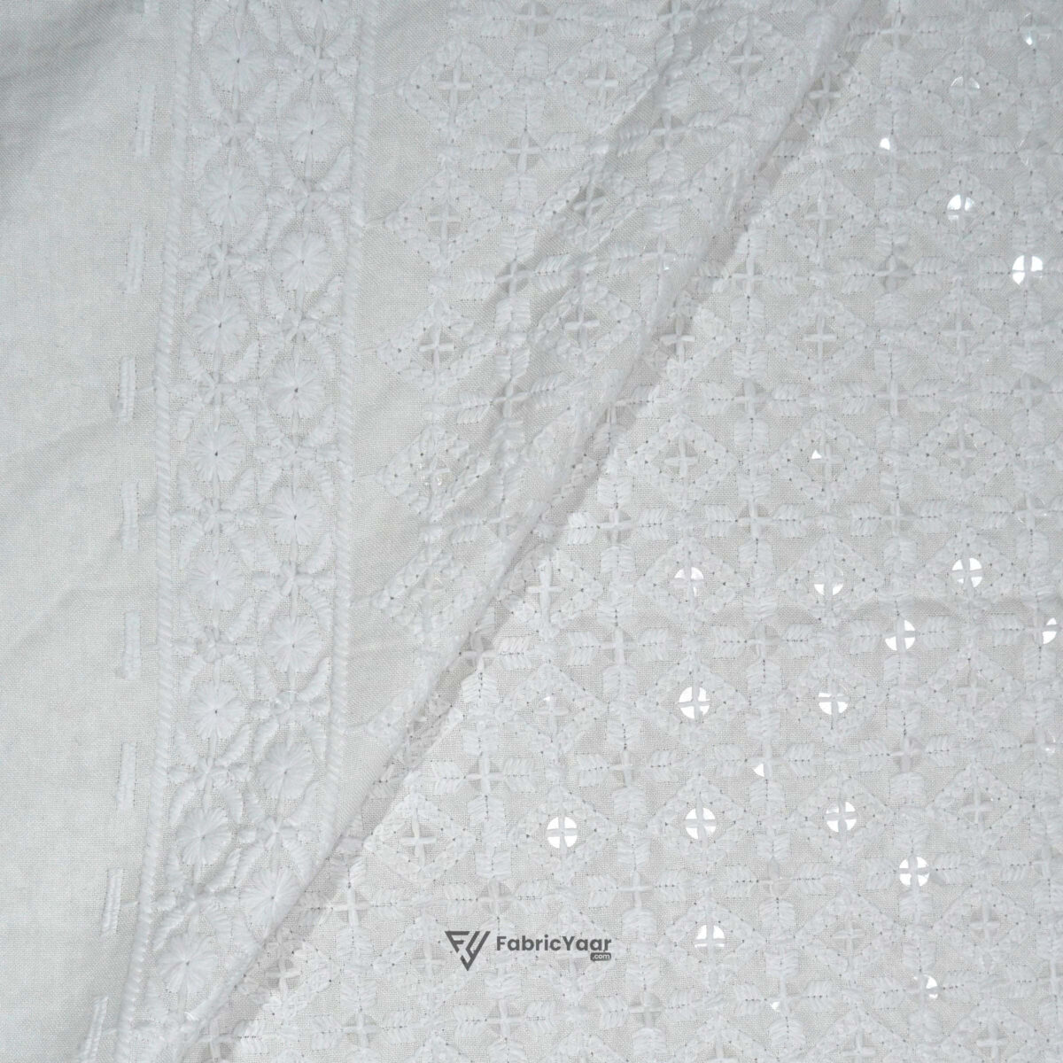 Lucknowi Sequins Work Fogg White Kurta Fabric (Width 58 Inch)