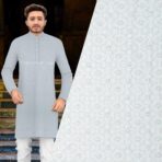 Lucknowi Sequins Work Fogg White Kurta Fabric (Width 58 Inch)