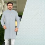 Lucknowi Sequins Work White Kurta Fabric (Width 58 Inch)