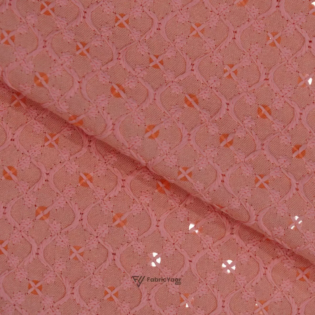 Lucknowi Sequins Work Peach Kurta Fabric (Width 58 Inch)