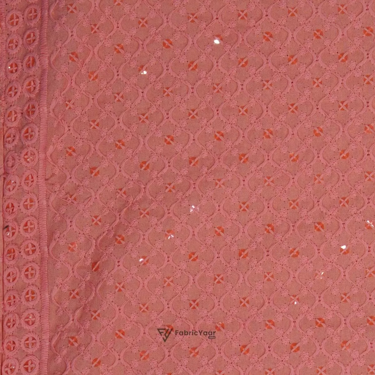 Lucknowi Sequins Work Peach Kurta Fabric (Width 58 Inch)