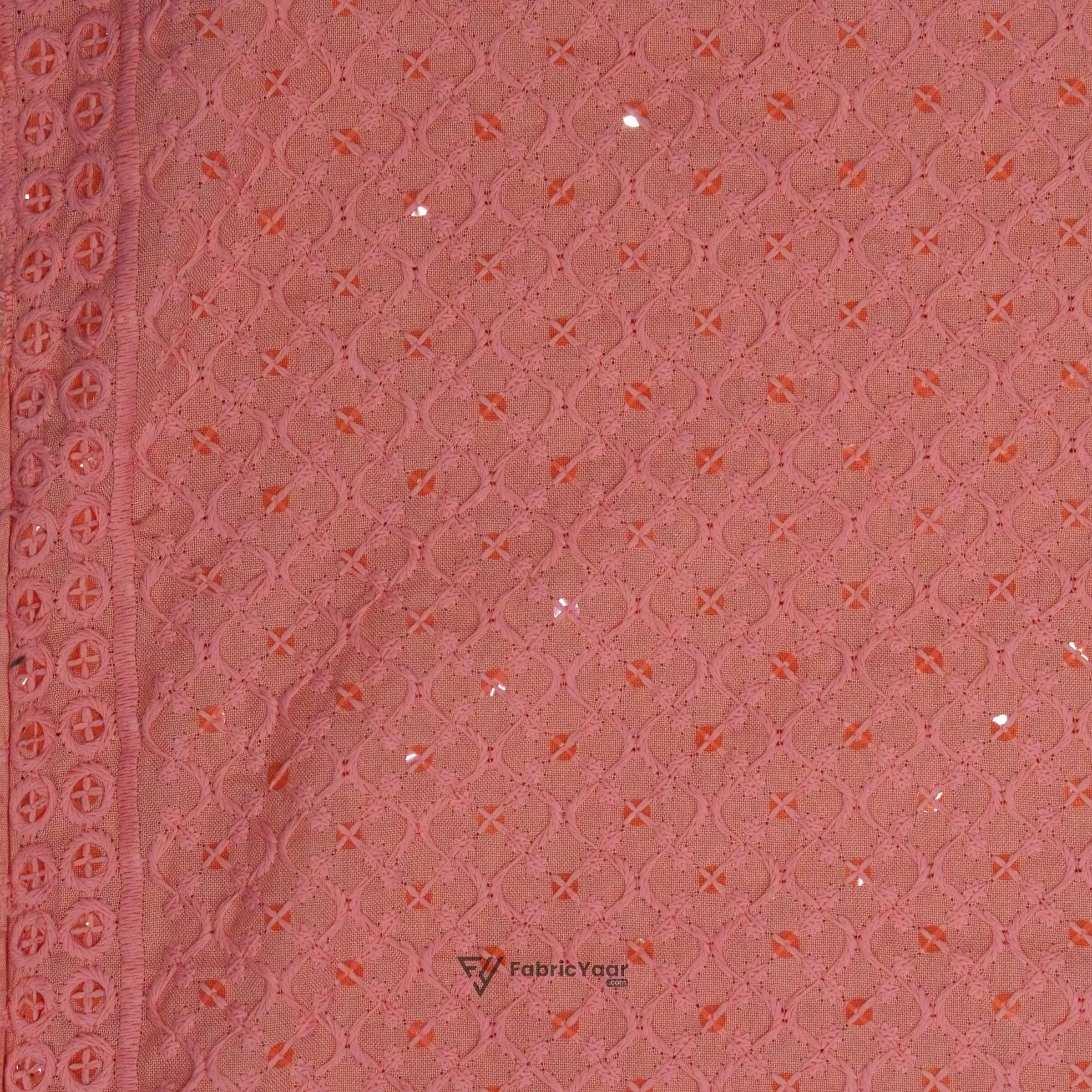 Lucknowi Sequins Work Peach Kurta Fabric (Width 58 Inch)