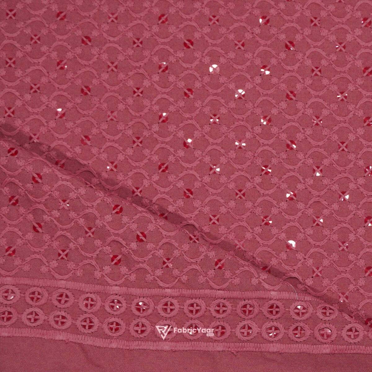 Lucknowi Sequins Work Dark Peach Kurta Fabric (Width 58 Inch)