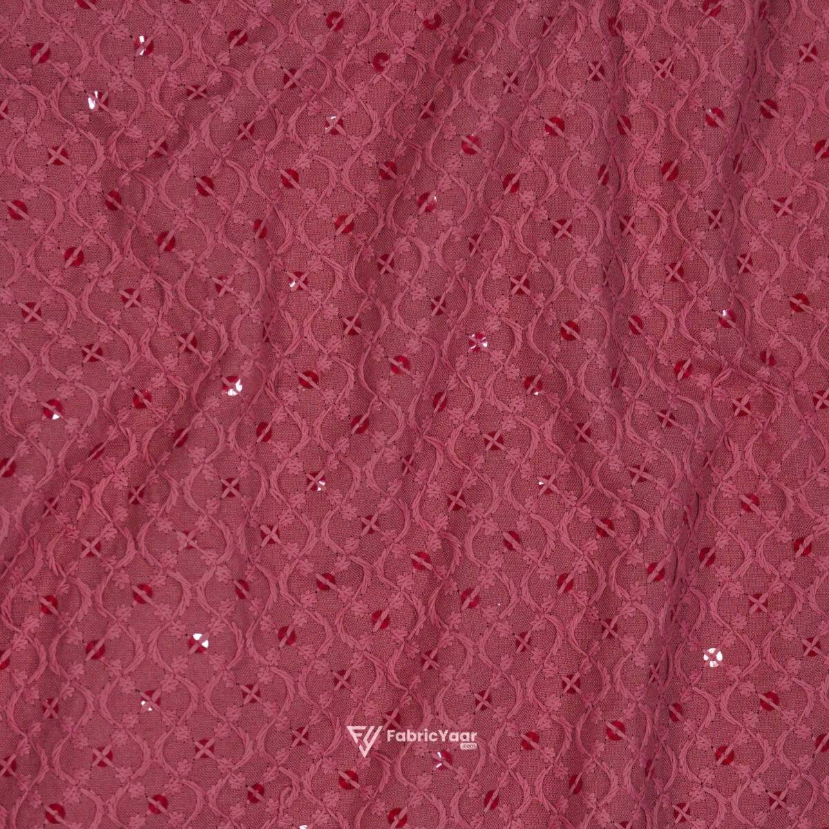 Lucknowi Sequins Work Dark Peach Kurta Fabric (Width 58 Inch)