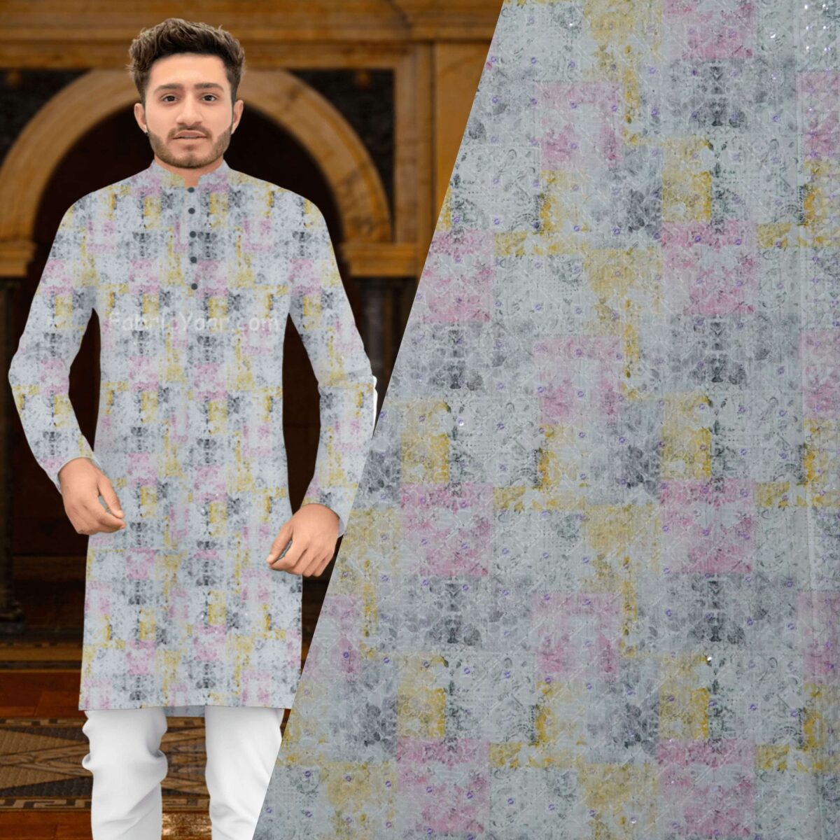 Printed With Sequins Kurta Fabric (Width 58 Inch)