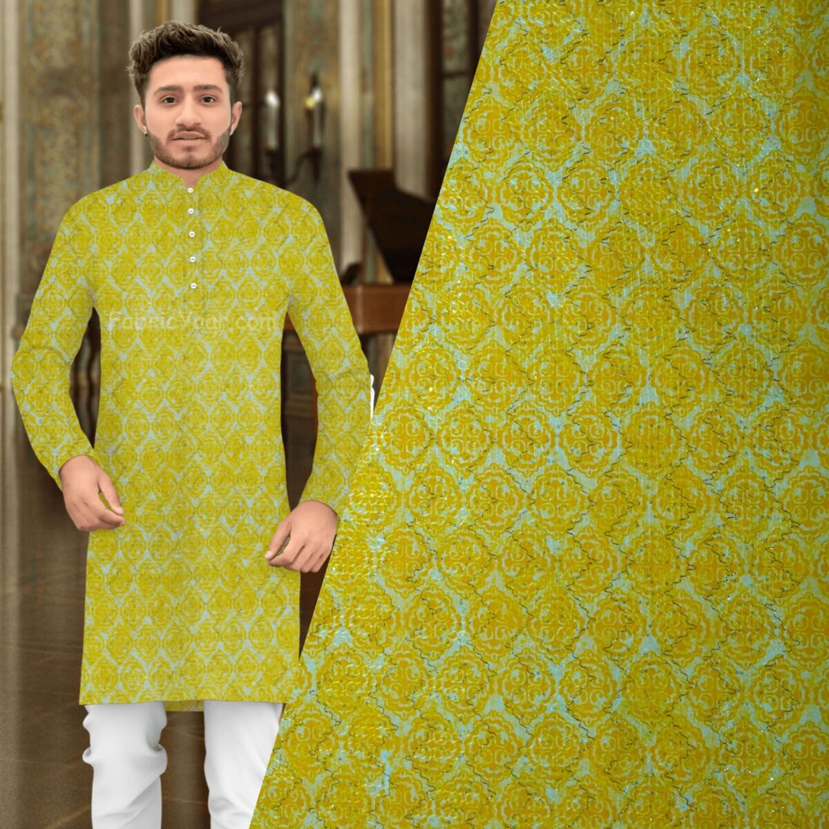 Printed With Golden Sequins Haldi Kurta Fabric (Width 58 Inch)