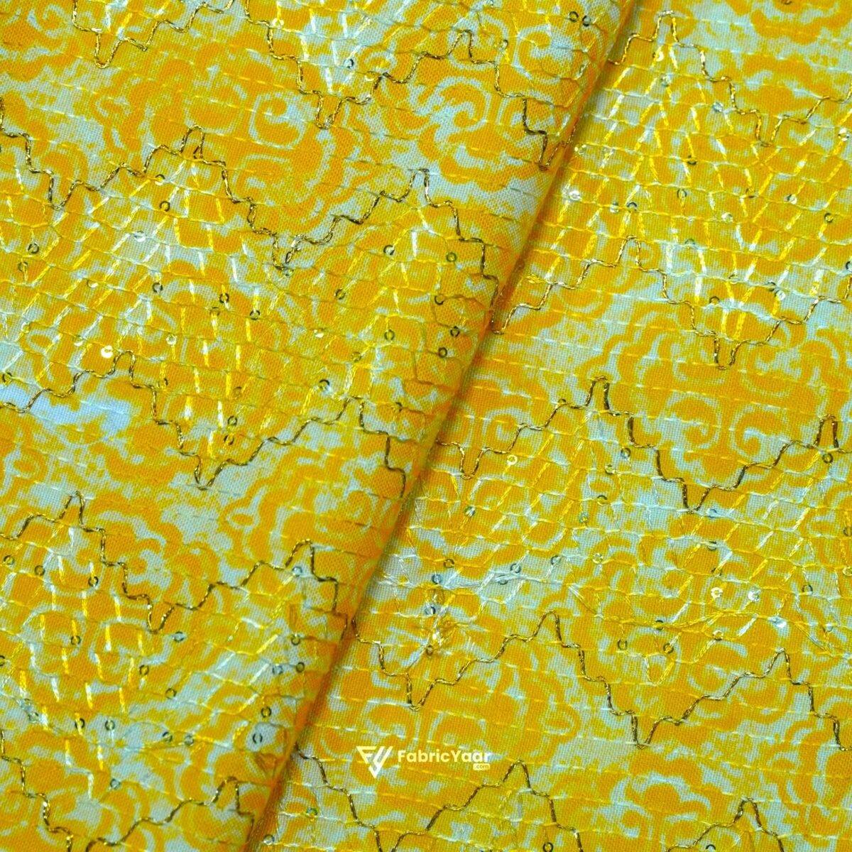 Printed With Golden Sequins Haldi Kurta Fabric (Width 58 Inch)