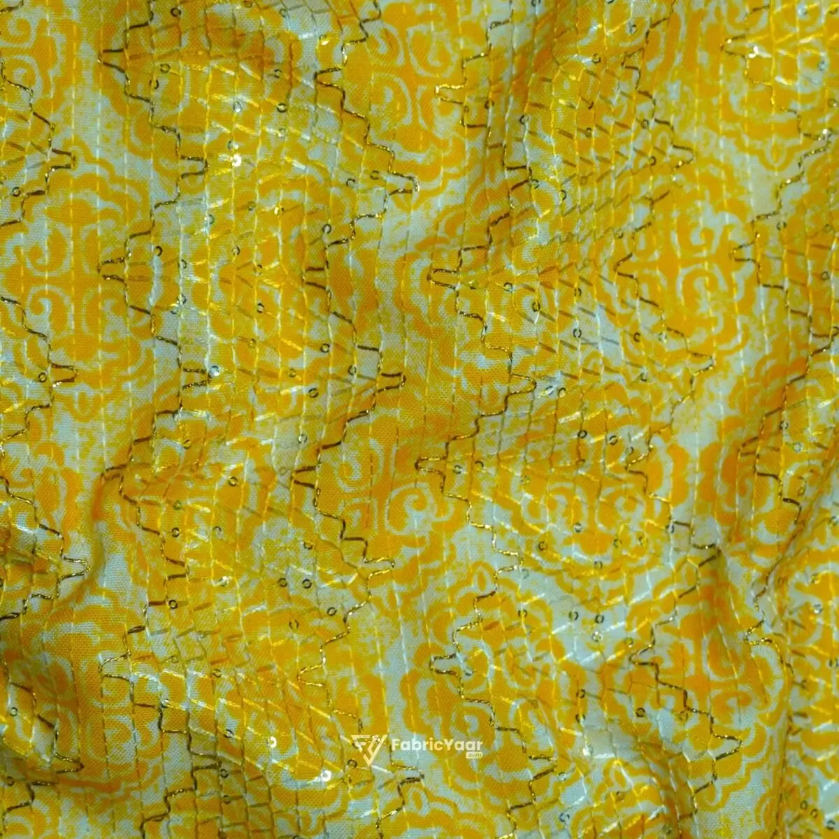 Printed With Golden Sequins Haldi Kurta Fabric (Width 58 Inch)