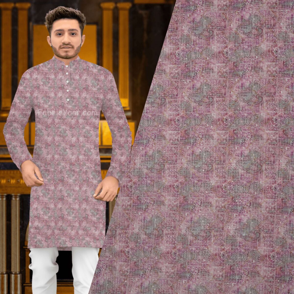 Printed With Golden Sequins Lavender Kurta Fabric (Width 58 Inch)