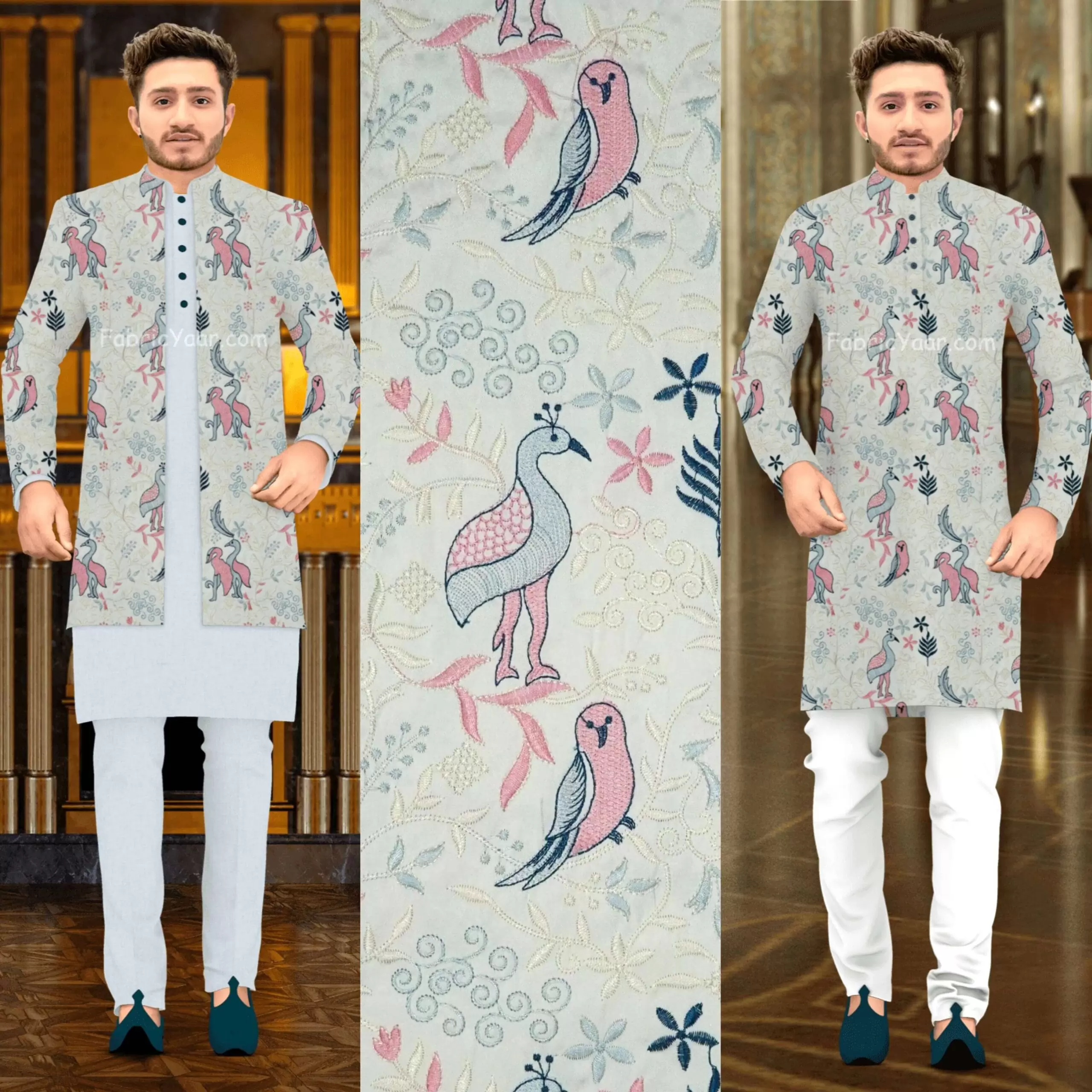 Designer Embroidery Sparrow & Flamingo Design Kurta / Koti / Shrug Fabric (Width 38 Inch)
