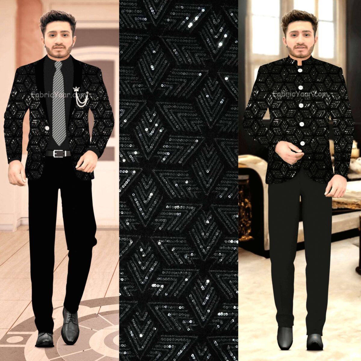 Designer Black Velvet Arrow Sequins Work Blazer / Koti / Shrug / Jodhpuri Fabric (Width 38 Inch)