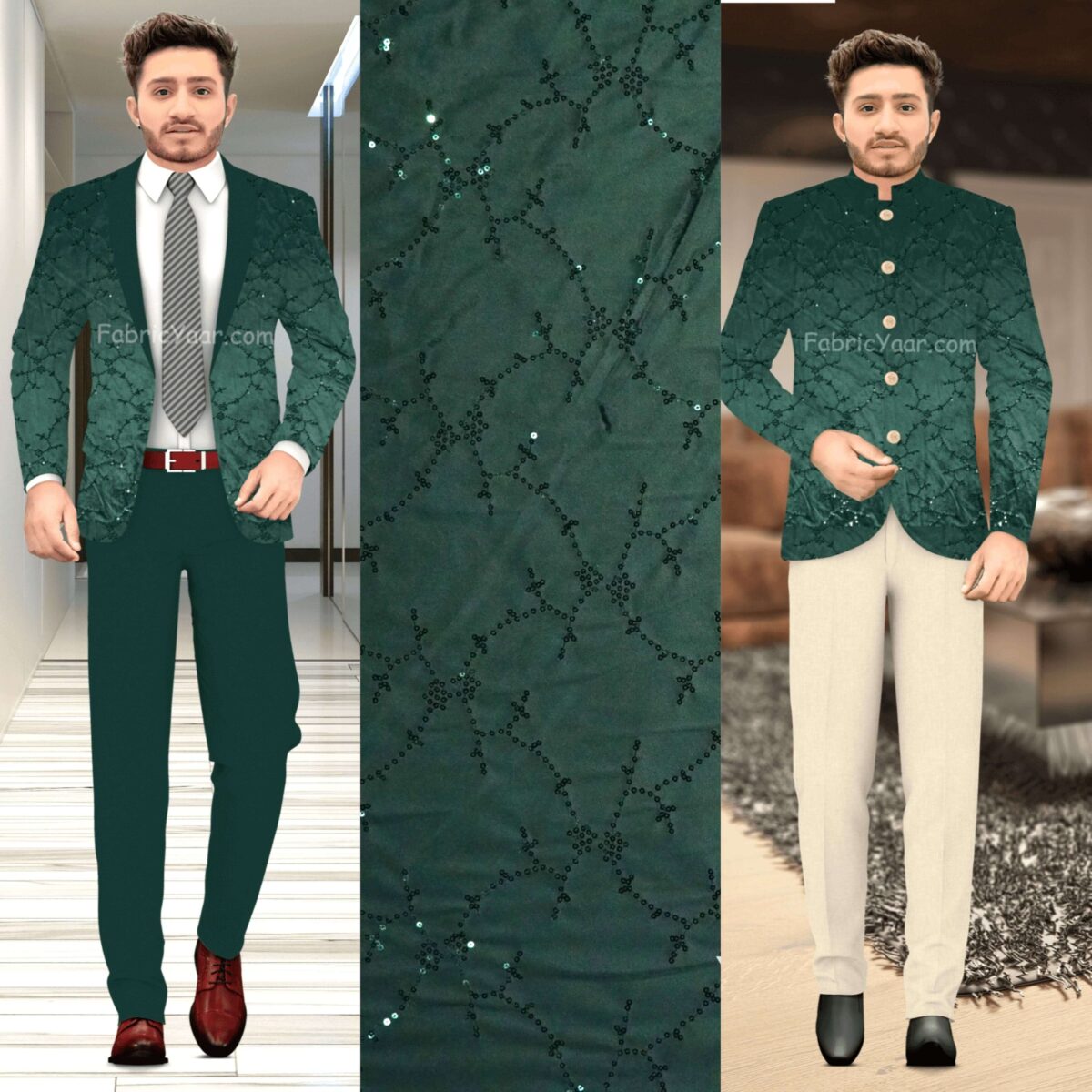 Designer  Velvet Sequins Work Imported Green Blazer / Koti / Shrug / Jodhpuri Fabric  (Width 58 Inch)