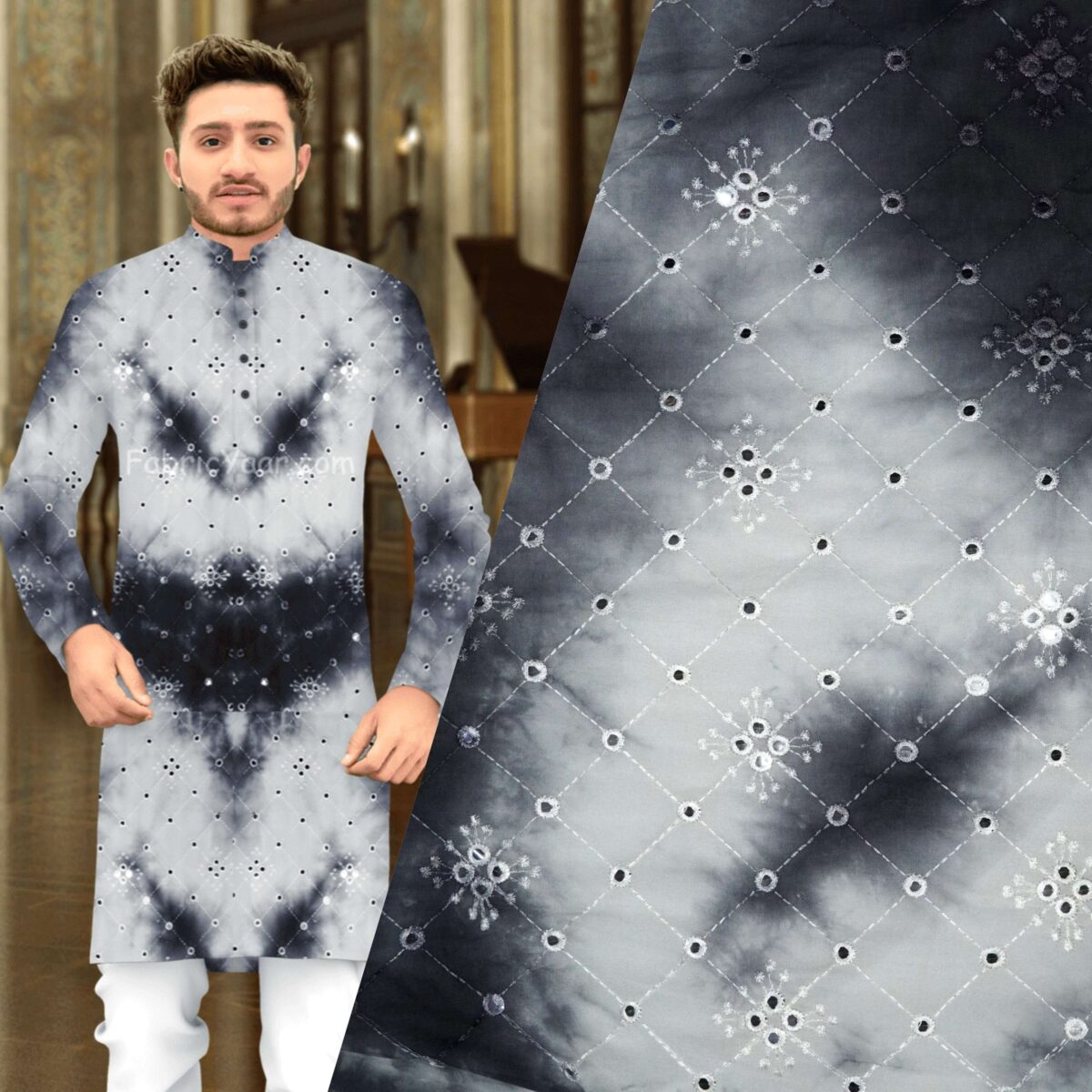 Georgette Tie-Die Mirror Work Black Kurta Fabric (Width 38 Inch)