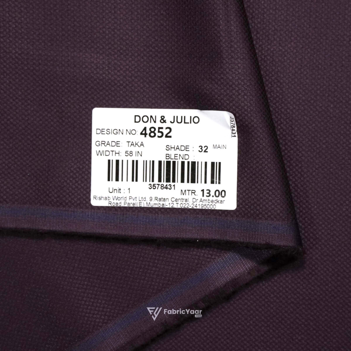 D&J Textured T/R Wine Suit / Pant Fabric (Width 58 Inch)