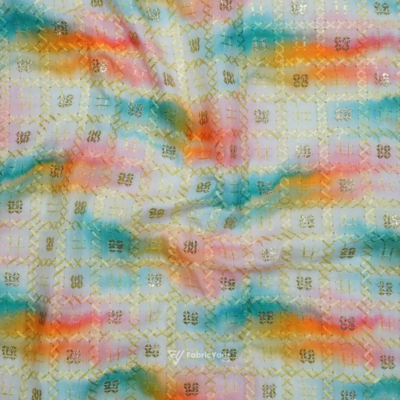 Cotton Silk Digital Printed Sequins Work Rainbow Print kurta Fabric (WIdth 58 Inch)