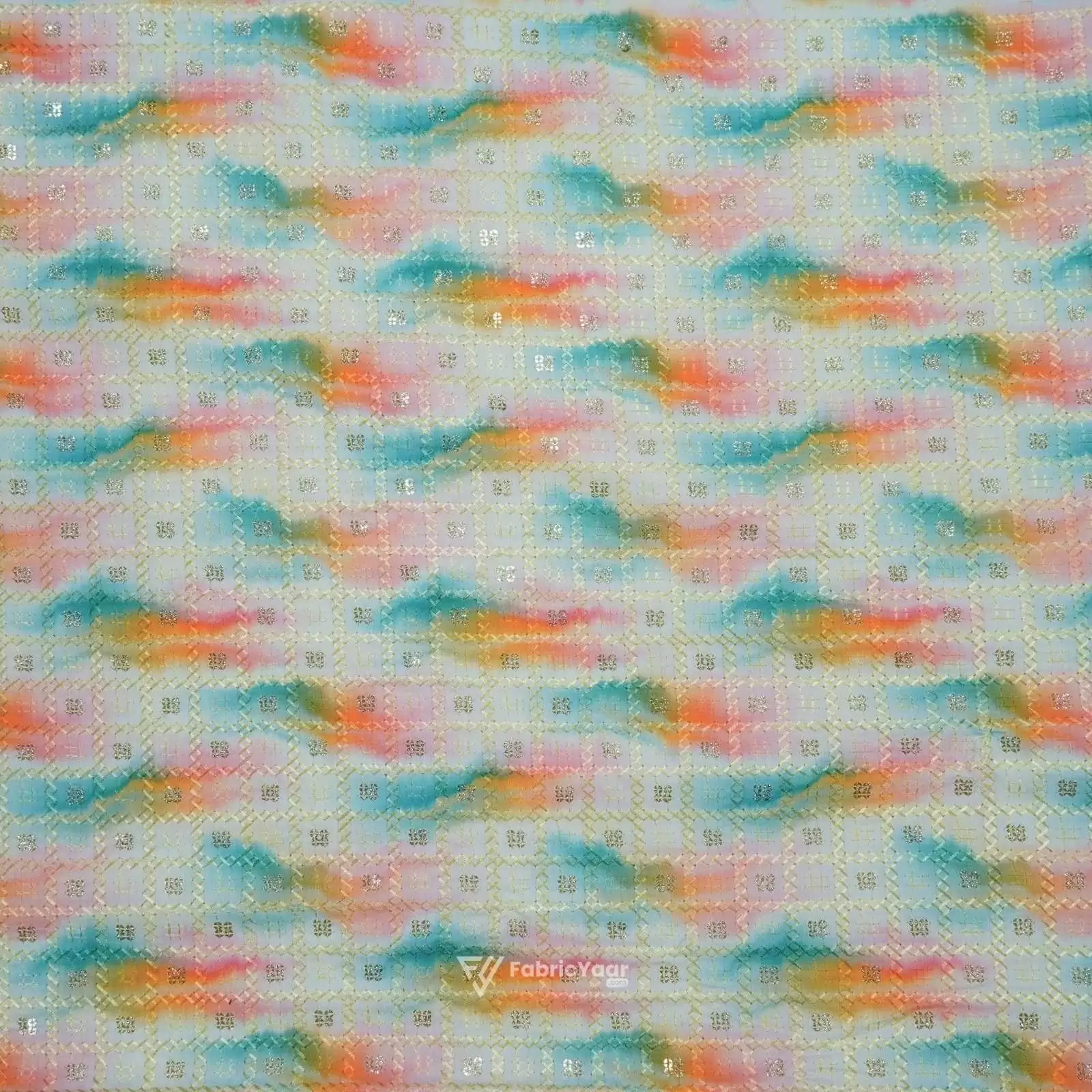 Cotton Silk Digital Printed Sequins Work Rainbow Print kurta Fabric (WIdth 58 Inch)