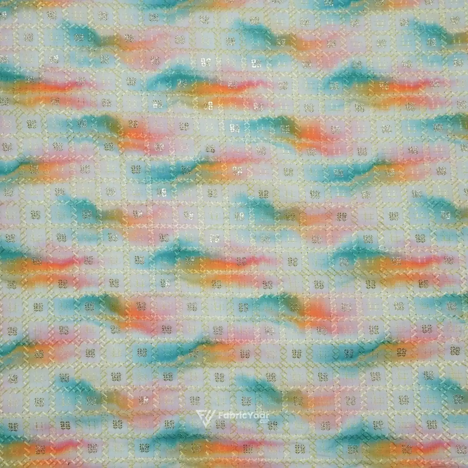 Cotton Silk Digital Printed Sequins Work Rainbow Print kurta Fabric (WIdth 58 Inch)