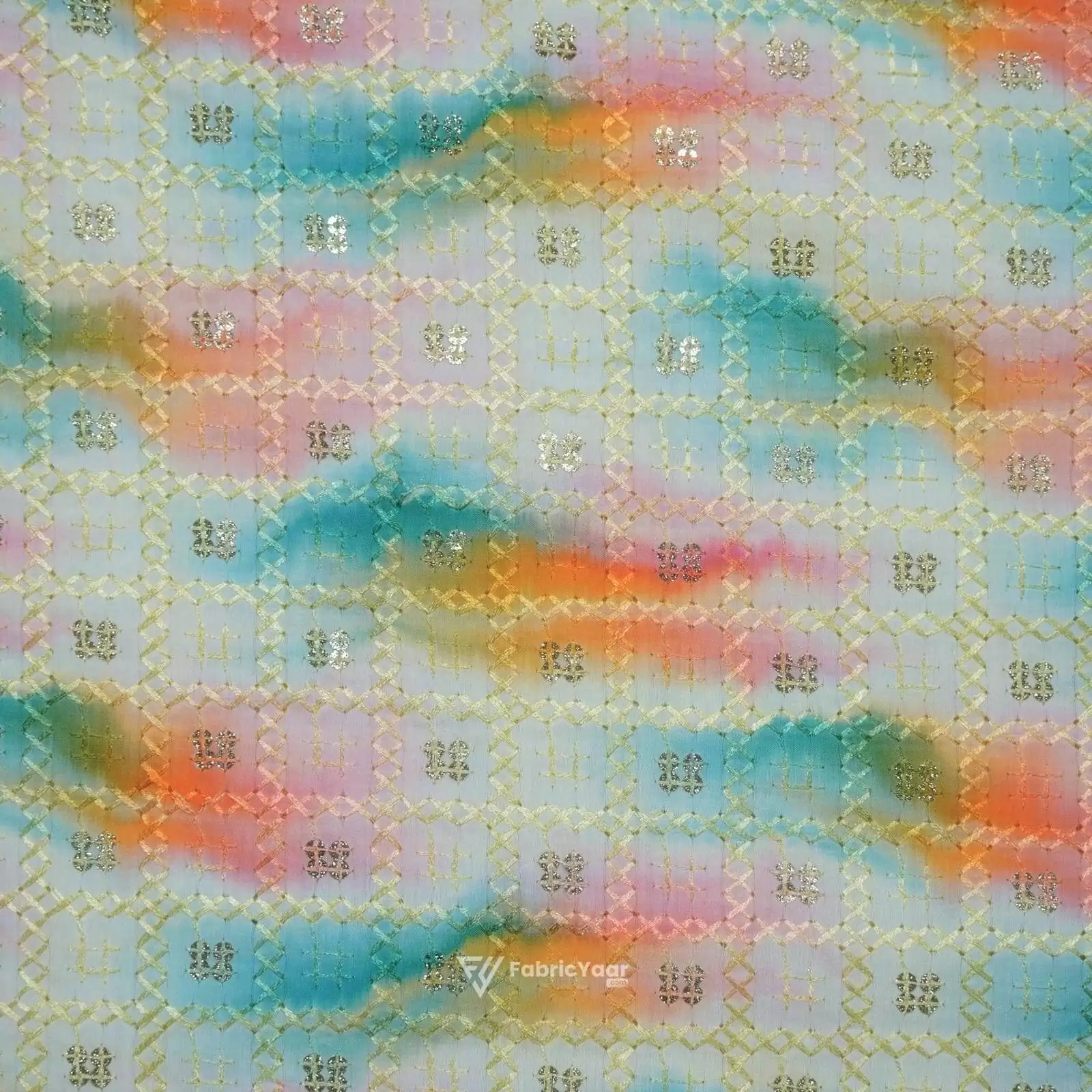 Cotton Silk Digital Printed Sequins Work Rainbow Print kurta Fabric (WIdth 58 Inch)