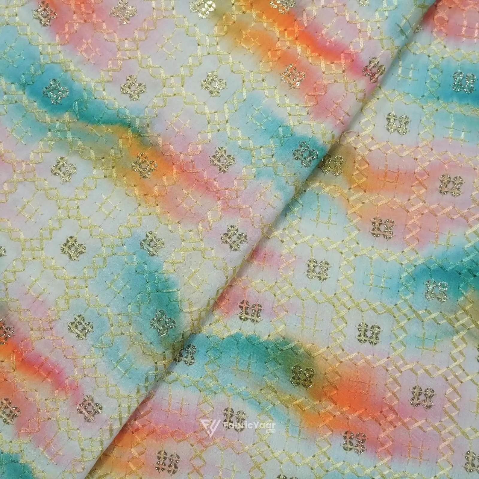 Cotton Silk Digital Printed Sequins Work Rainbow Print kurta Fabric (WIdth 58 Inch)