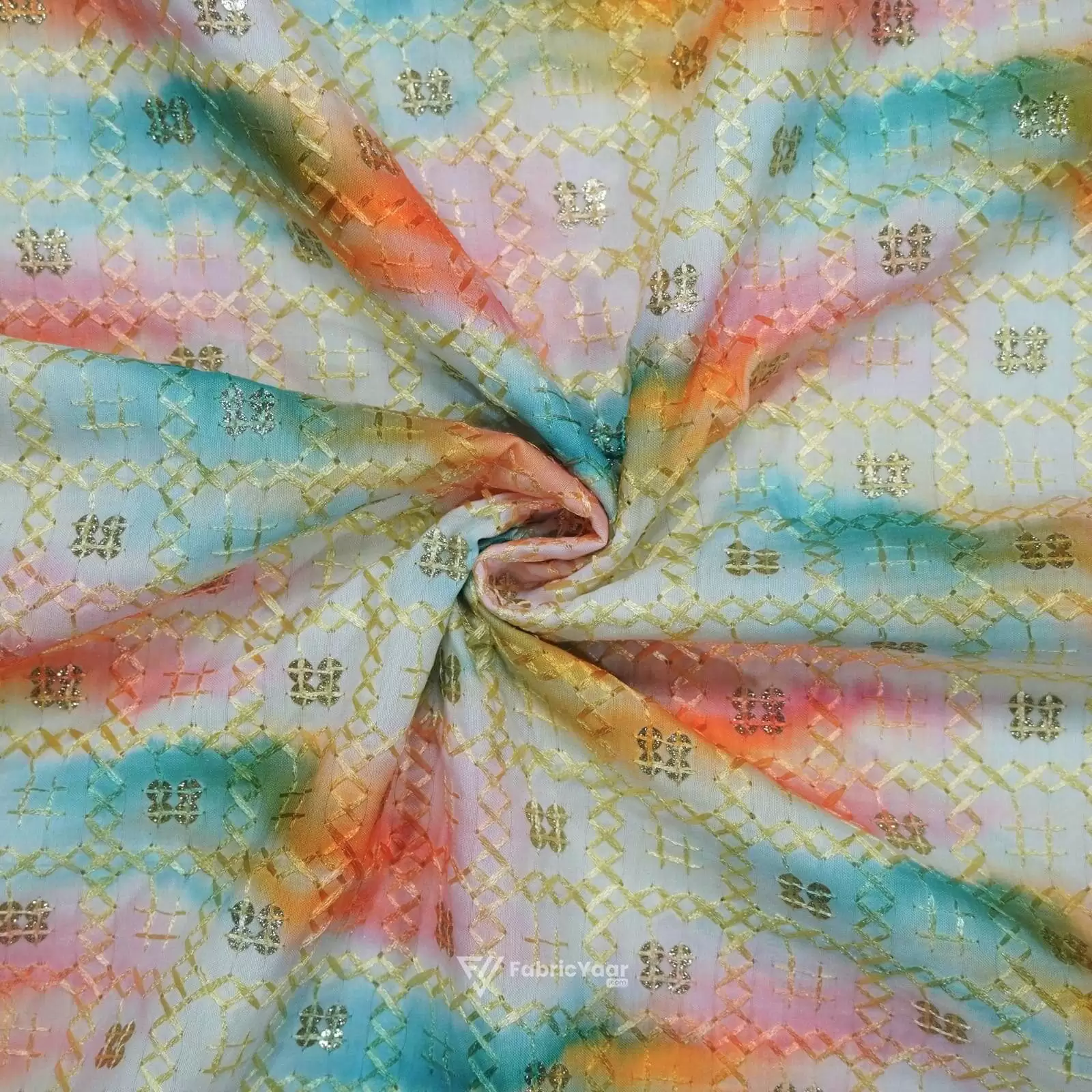 Cotton Silk Digital Printed Sequins Work Rainbow Print kurta Fabric (WIdth 58 Inch)